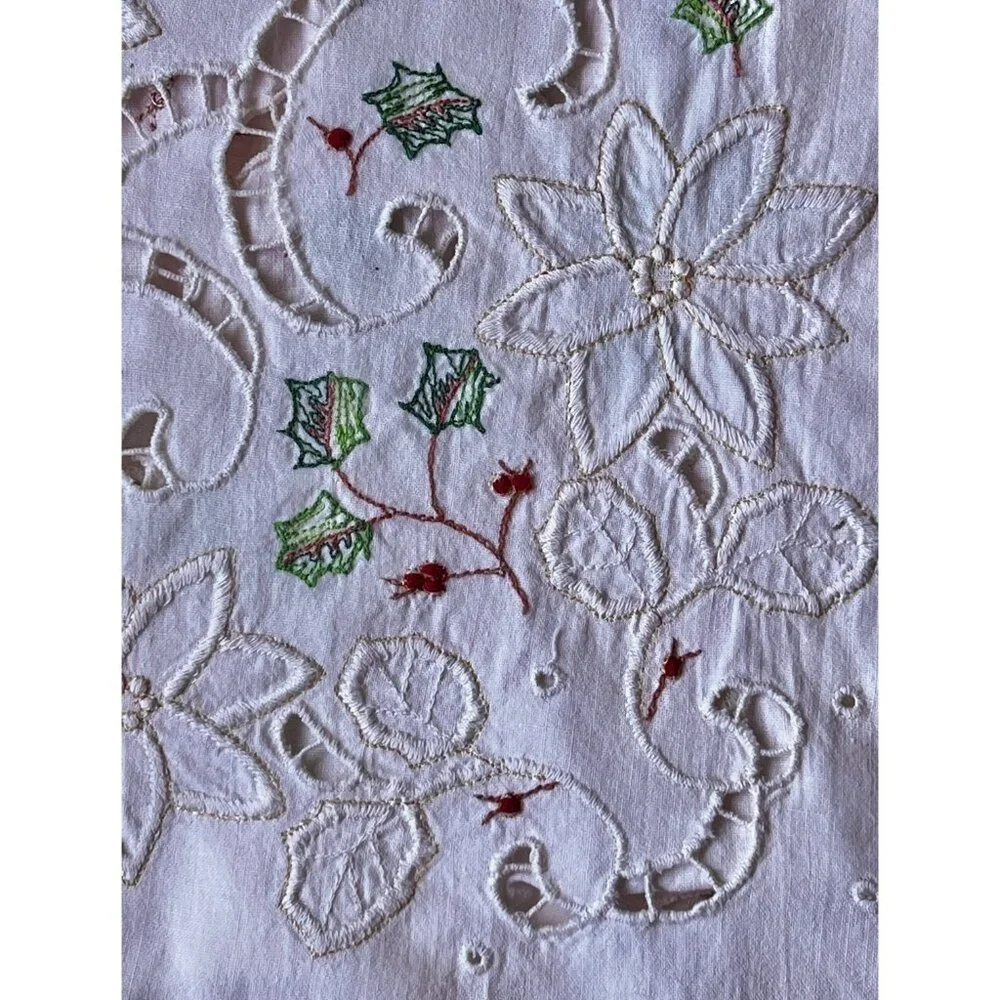 Pale Pink Christmas Tablecloth Embroidered Holly & Berry Cutwork Scalloped edges